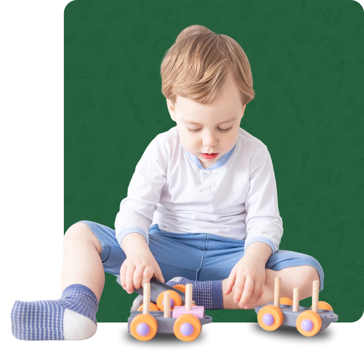 Child playing with toy cars indoors.