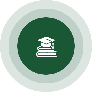 A green background with a stack of books and a graduation cap.